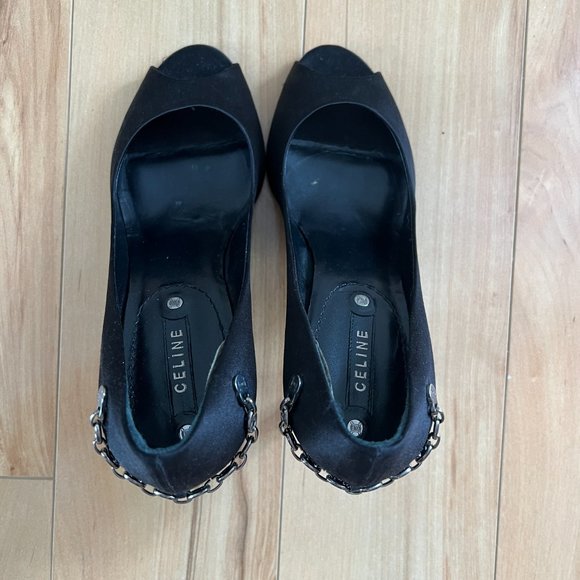 Celine Peep Toe Black Satin Pumps with Chain on Back Size 36.5 $895 - Picture 6 of 14
